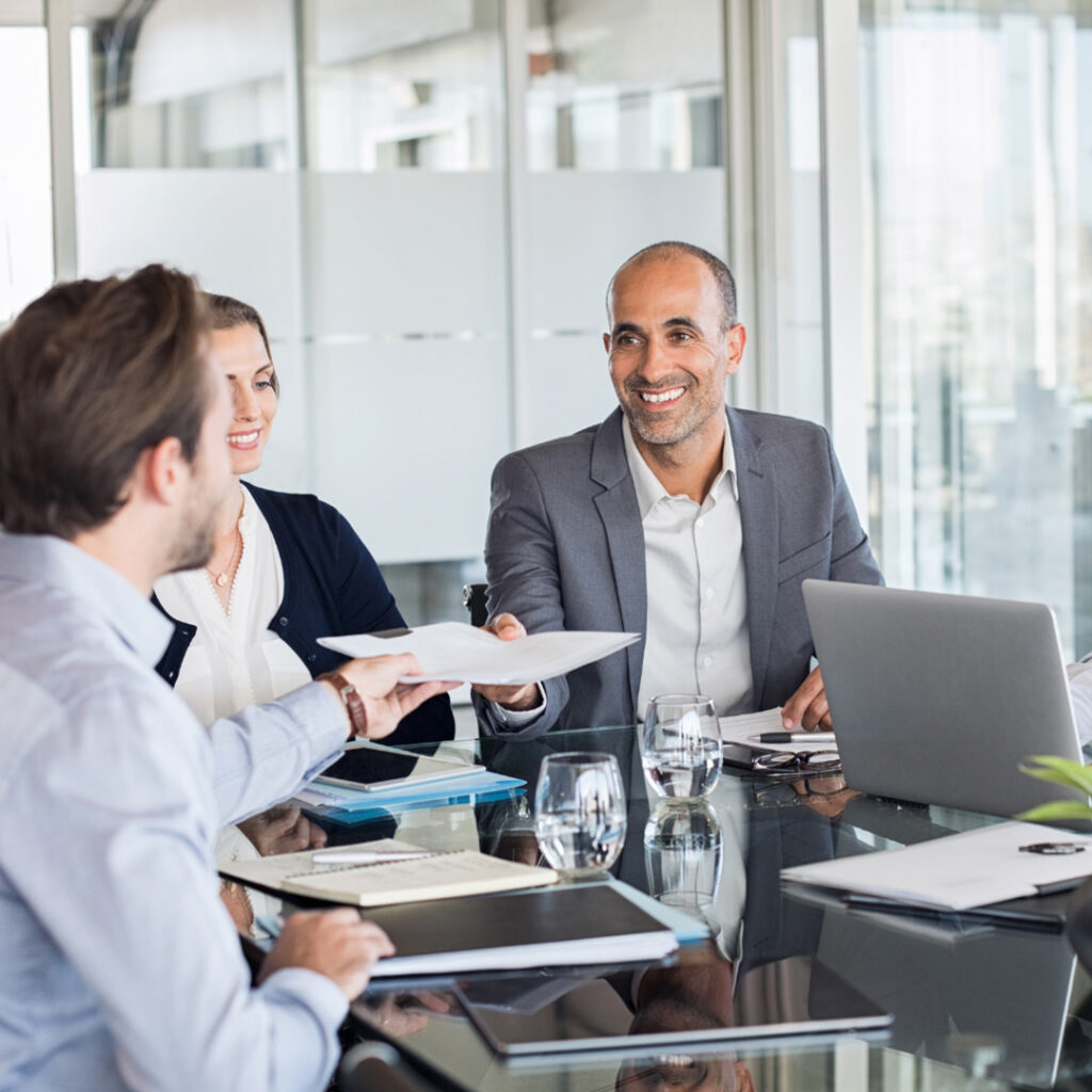 A meeting with smiling office workers